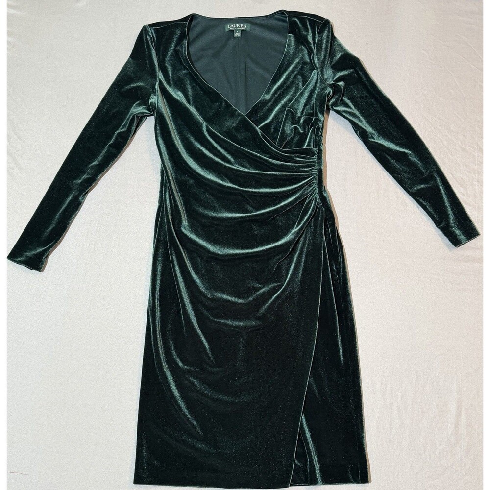 LAUREN RALPH LAUREN VELVET LONG SLEEVE SURPLICE SHEATH DRESS,GREEN, SIZE 4